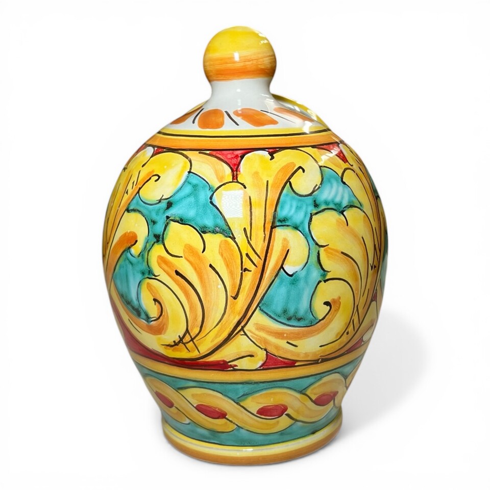 Saliera a salvadanaio in ceramica siciliana decoro barocco giallo fondo celeste e rosso Produzione artigianale di Santo Stefano di Camastra h.20cm