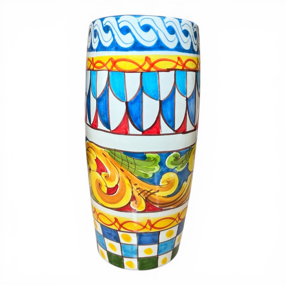 Vaso schiacciato in ceramica siciliana decoro carretto e barocco Produzione artigianale di Santo Stefano di Camastra h.25cm