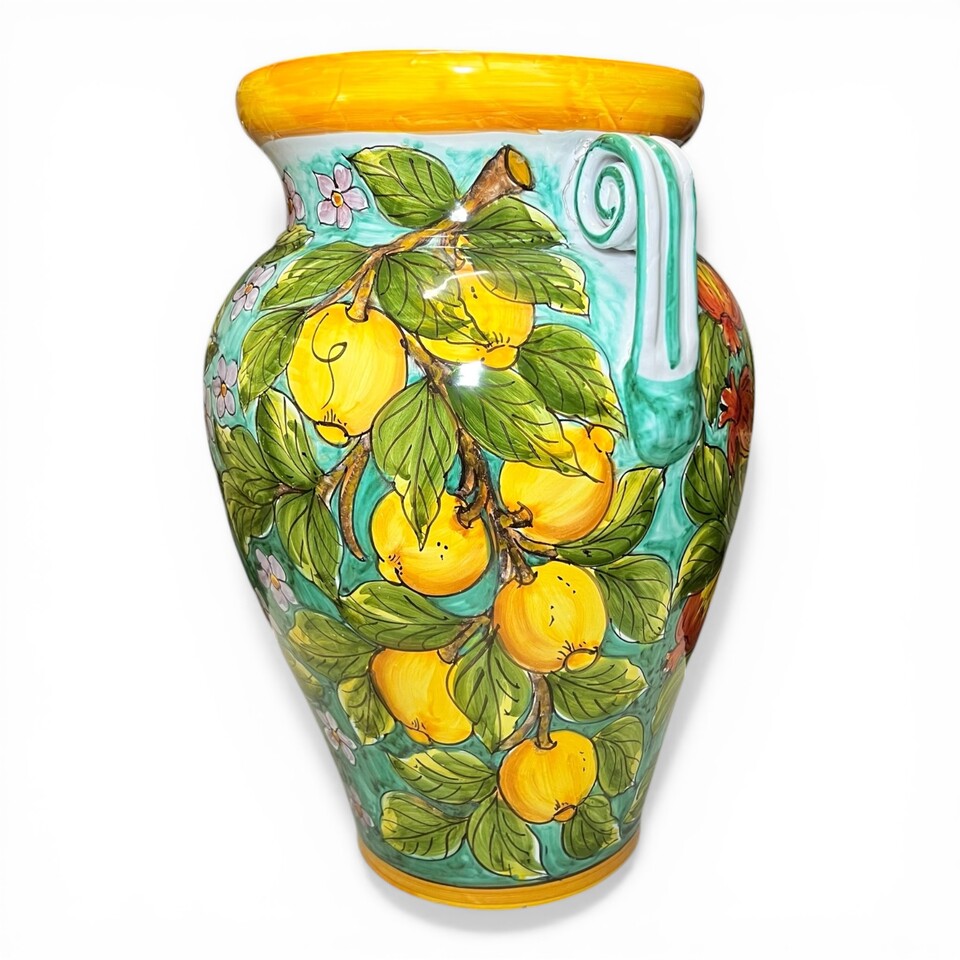 Porta ombrelli in ceramica siciliana decoro limoni e melograni fondo verde Produzione artigianale di Santo Stefano di Camastra h.50cm