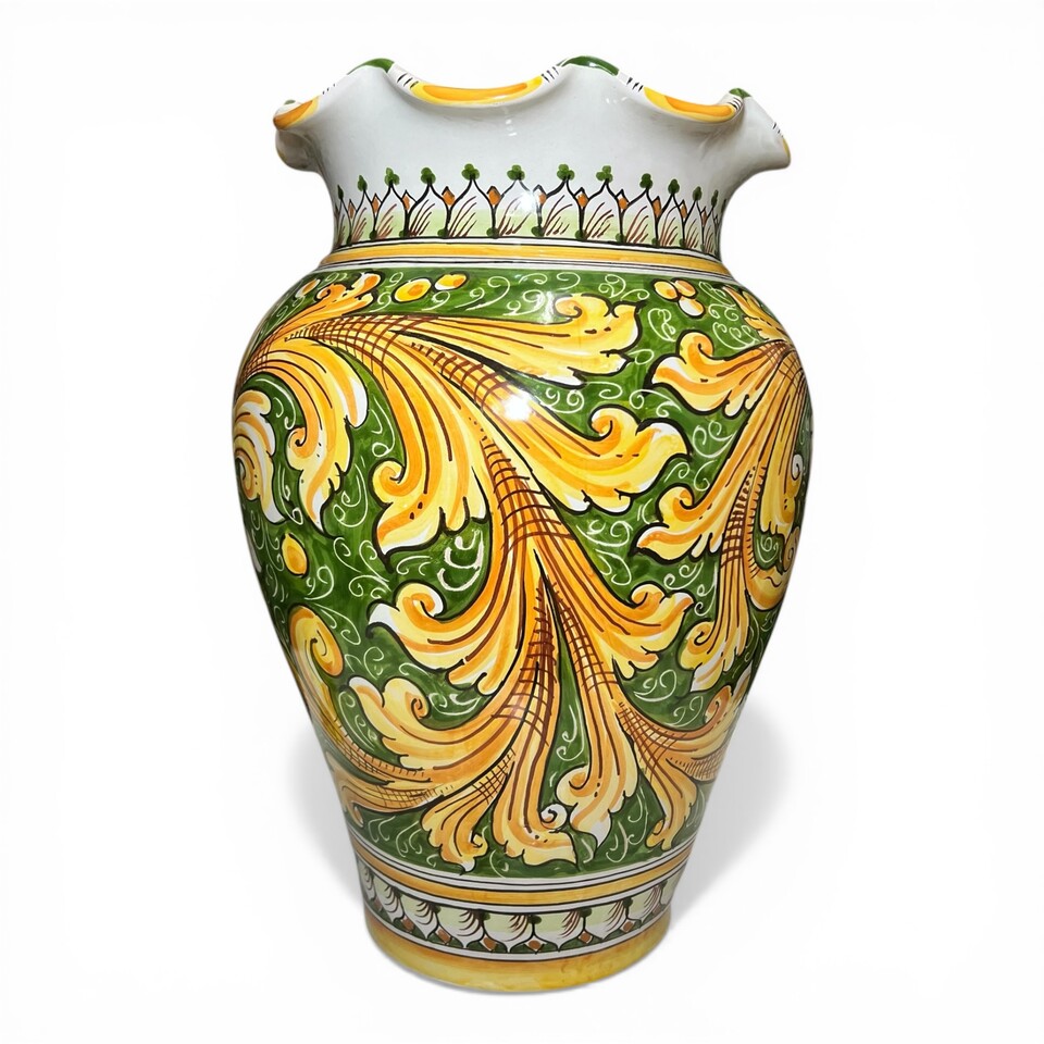 Giara smerlata porta ombrelli in ceramica siciliana decoro ornato giallo fondo verde Produzione artigianale di Caltagirone h.50cm