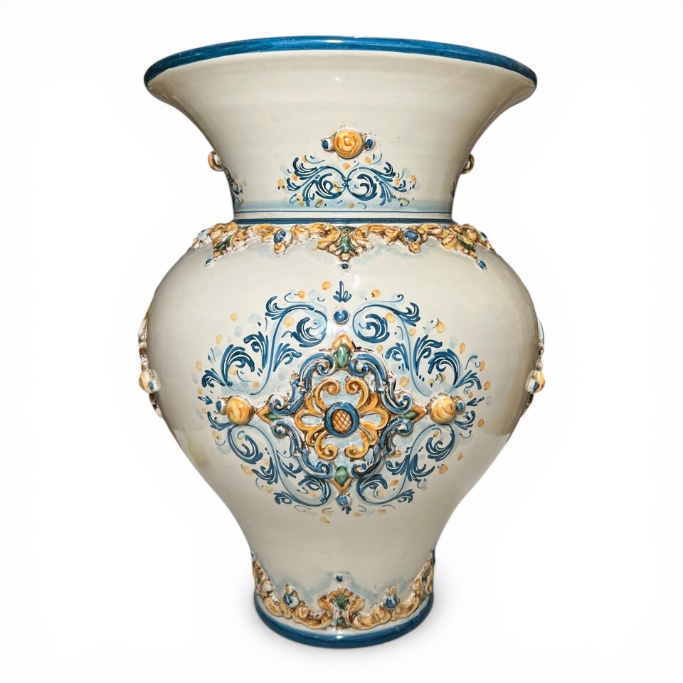 Porta ombrelli panciuto in ceramica siciliana decoro plastico blu e arancio Produzione artigianale di Caltagirone h.50cm