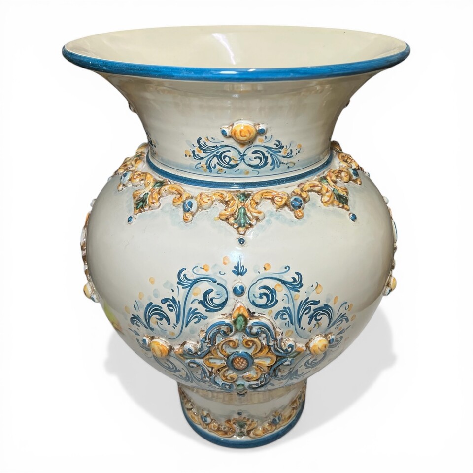 Porta ombrelli panciuto in ceramica siciliana decoro plastico blu e arancio Produzione artigianale di Caltagirone h.50cm