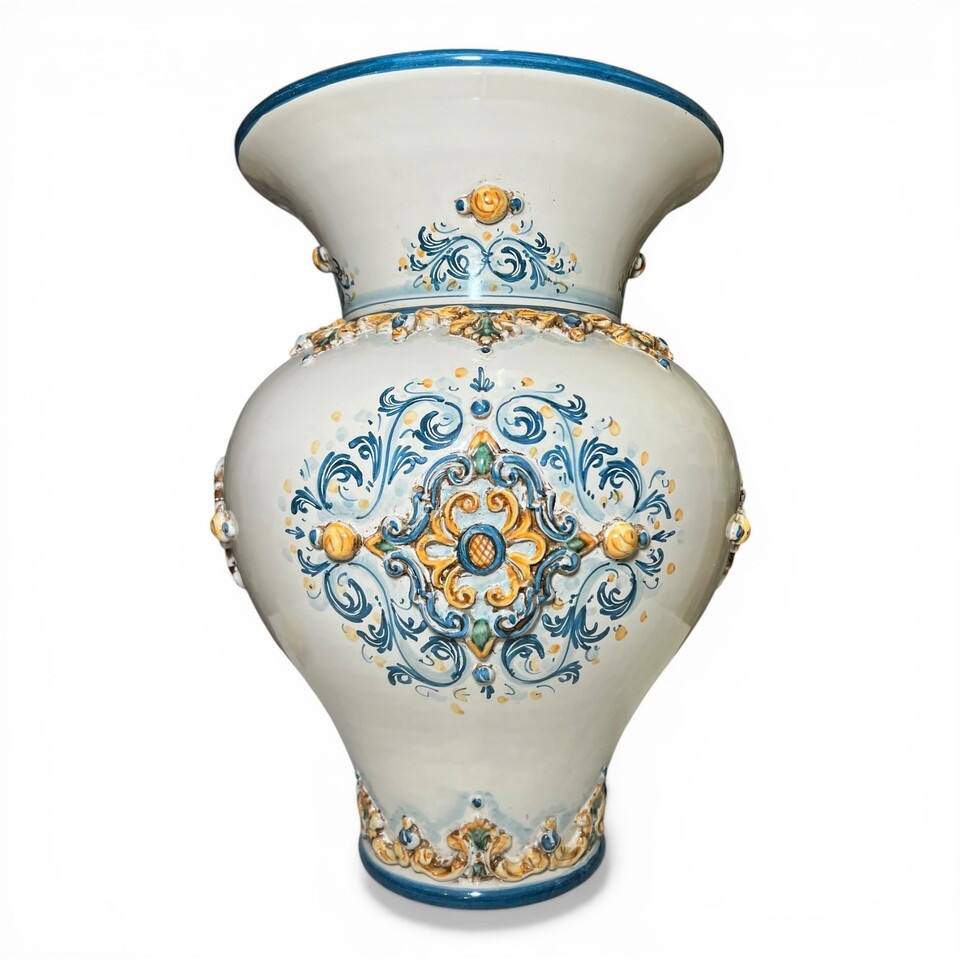 Porta ombrelli panciuto in ceramica siciliana decoro plastico blu e arancio Produzione artigianale di Caltagirone h.50cm