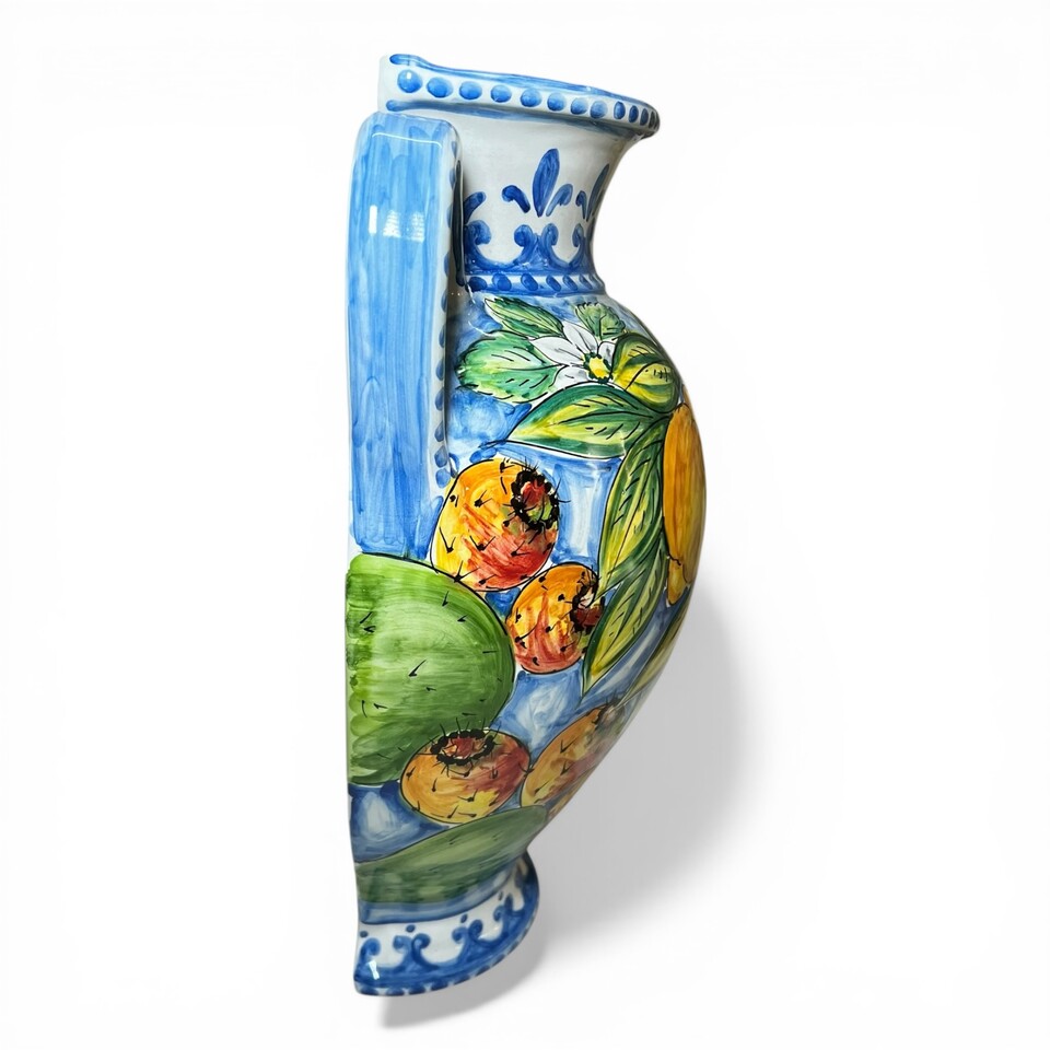 Vaso gerla da parete forma giara con manici in ceramica siciliana decoro limoni e fichi d'india Produzione artigianale di Santo Stefano di Camastra h.35cm