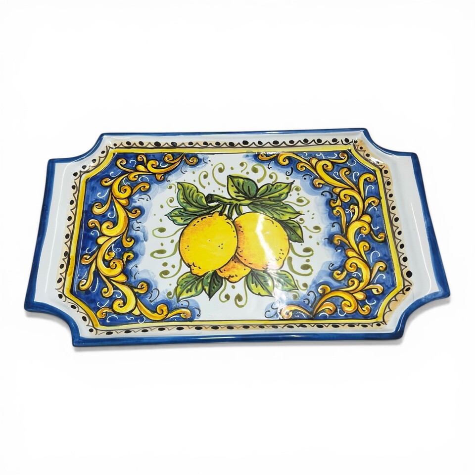 Set 6 tazzine da caffé con vassoio e zuccheriera decoro ornato giallo fondo blu con limoni Produzione artigianale di Santo Stefano di Camastra Lunghezza 35cm