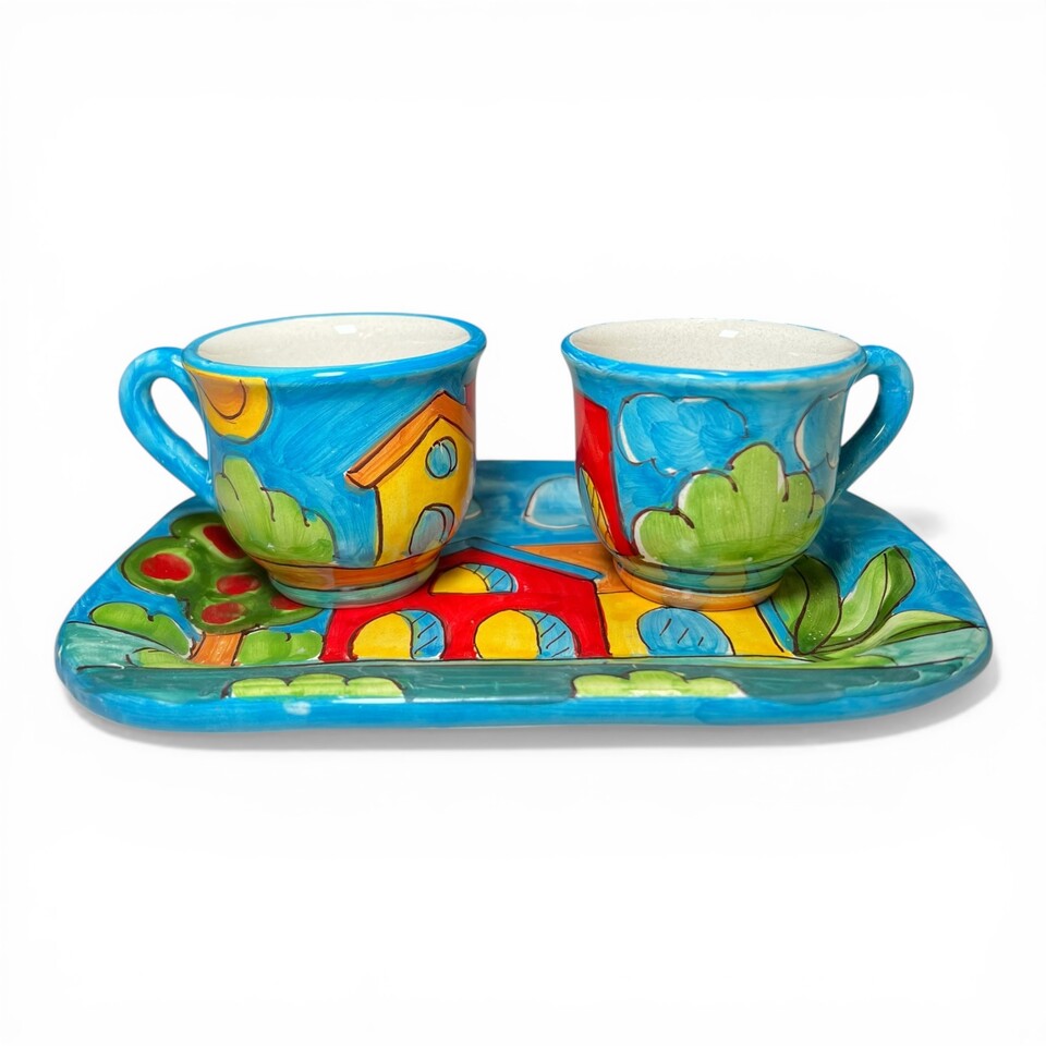 Set caffè due tazzine tête-à-tête con vassoio decoro naif case fondo blu Produzione artigianale di Santo Stefano di Camastra lunghezza 20cm