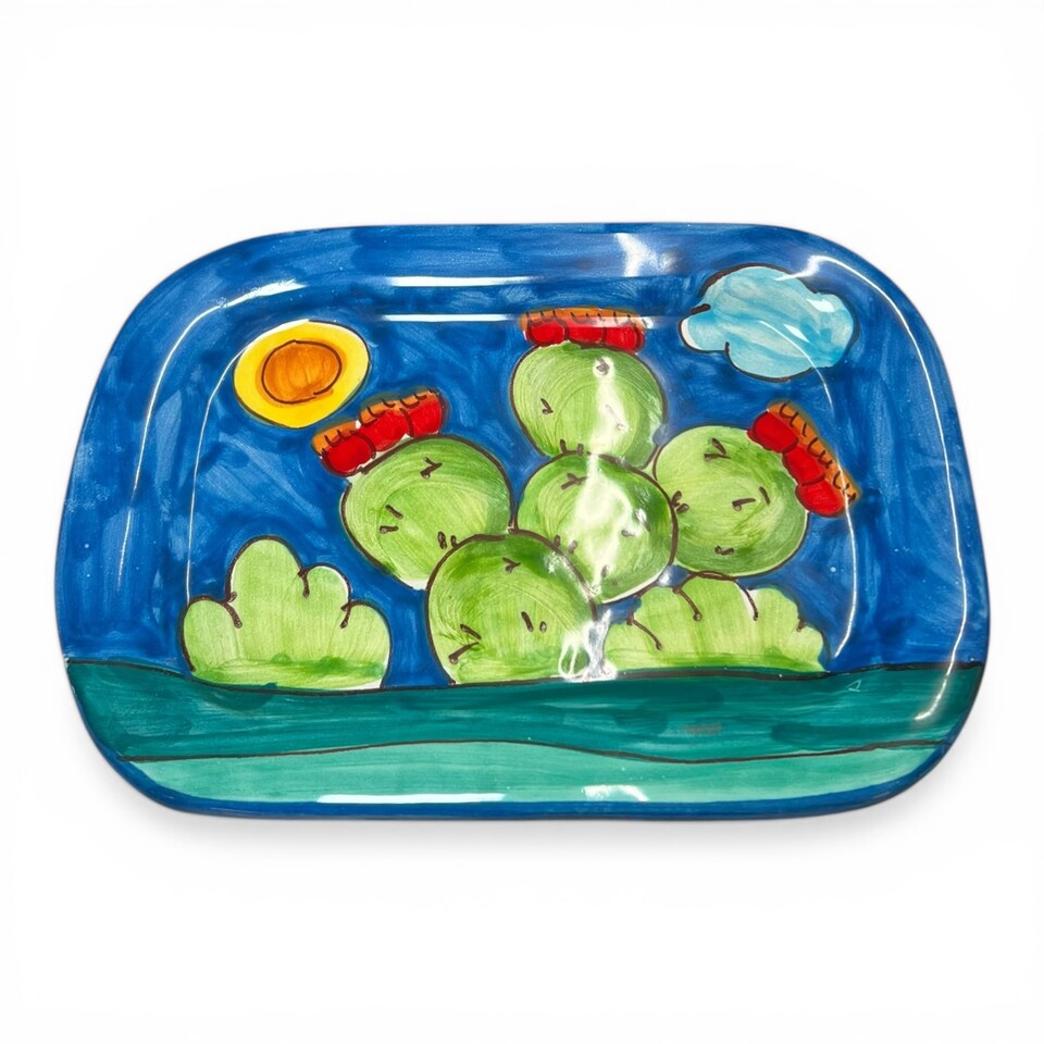 Set caffè due tazzine tête-à-tête con vassoio decoro naif fichi d'india fondo blu Produzione artigianale di Santo Stefano di Camastra lunghezza 20cm