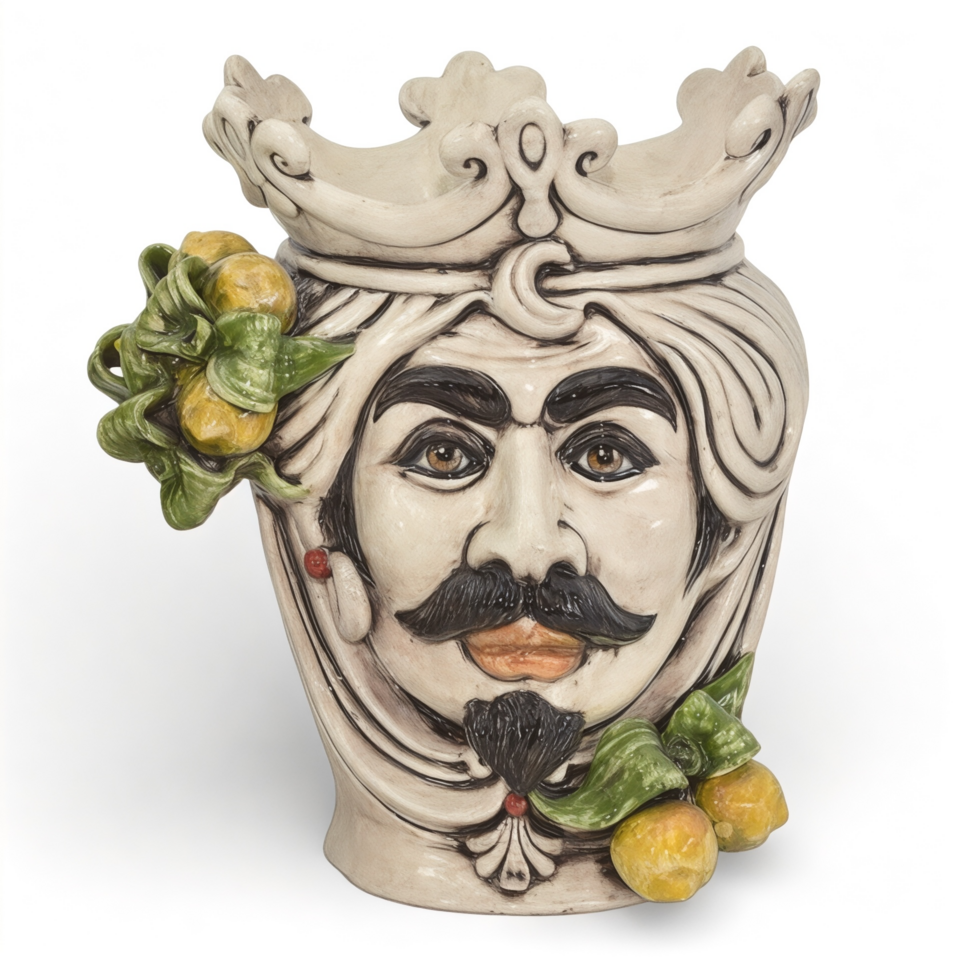 Testa di moro uomo con limoni e corona decoro in madreperla fumé Produzione artigianale di Caltagirone h.25cm