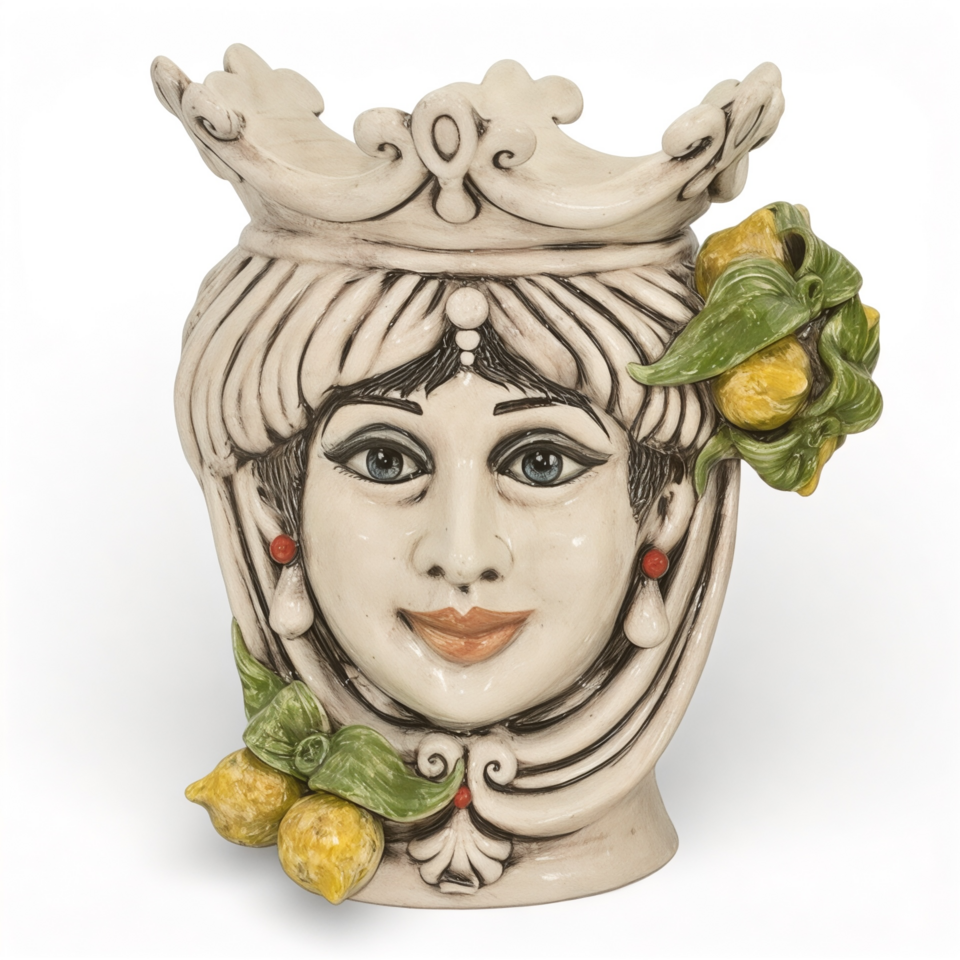Testa di moro donna con limoni e corona decoro in madreperla fumé Produzione artigianale di Caltagirone h.25cm
