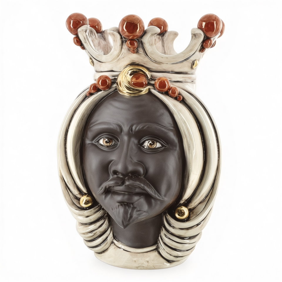 Testa di moro uomo viso nero opaco con corona decoro fumé madreperlato dettagli oro e lustri Produzione artigianale di Caltagirone h.38cm