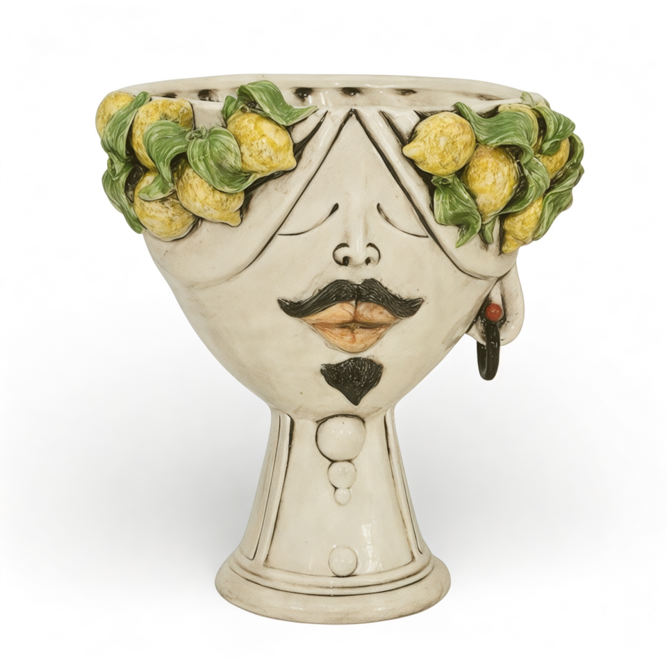 Testa di moro modello Zahira uomo con limoni decoro fumé madreperla Produzione artigianale di Caltagirone h.30cm