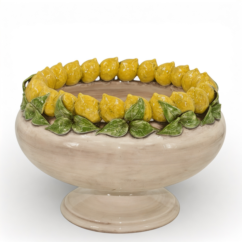 Alzata centrotavola in ceramica siciliana con limoni siciliani decoro madreperla Produzione artigianale di Caltagirone antichizzato