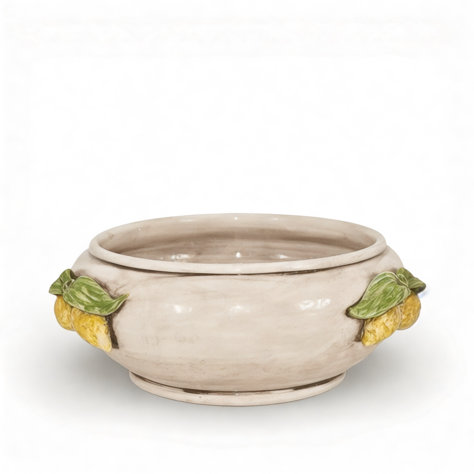 Centrotavola con limoni decoro madreperla Produzione artigianale di Caltagirone Ceramiche Sofia Diametro 25cm