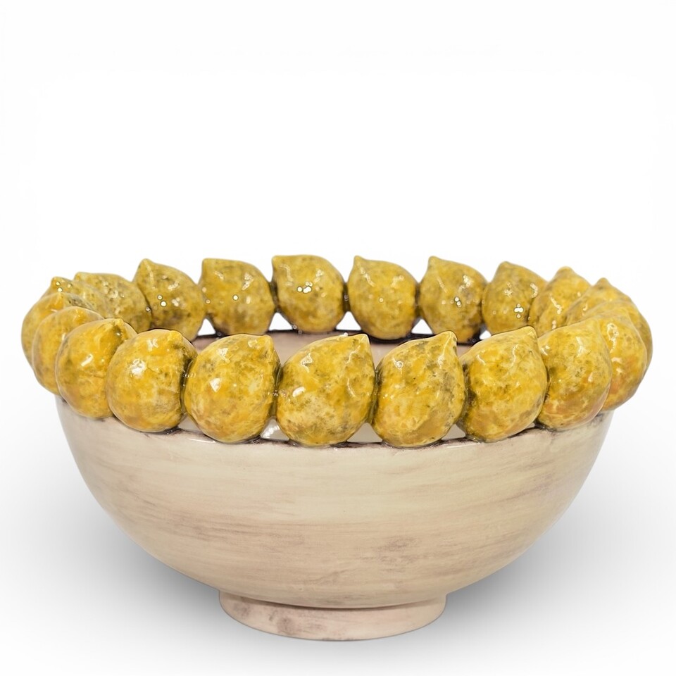 Centrotavola in ceramica siciliana con limoni senza foglie decoro madreperla Produzione artigianale di Caltagirone Diametro 40cm
