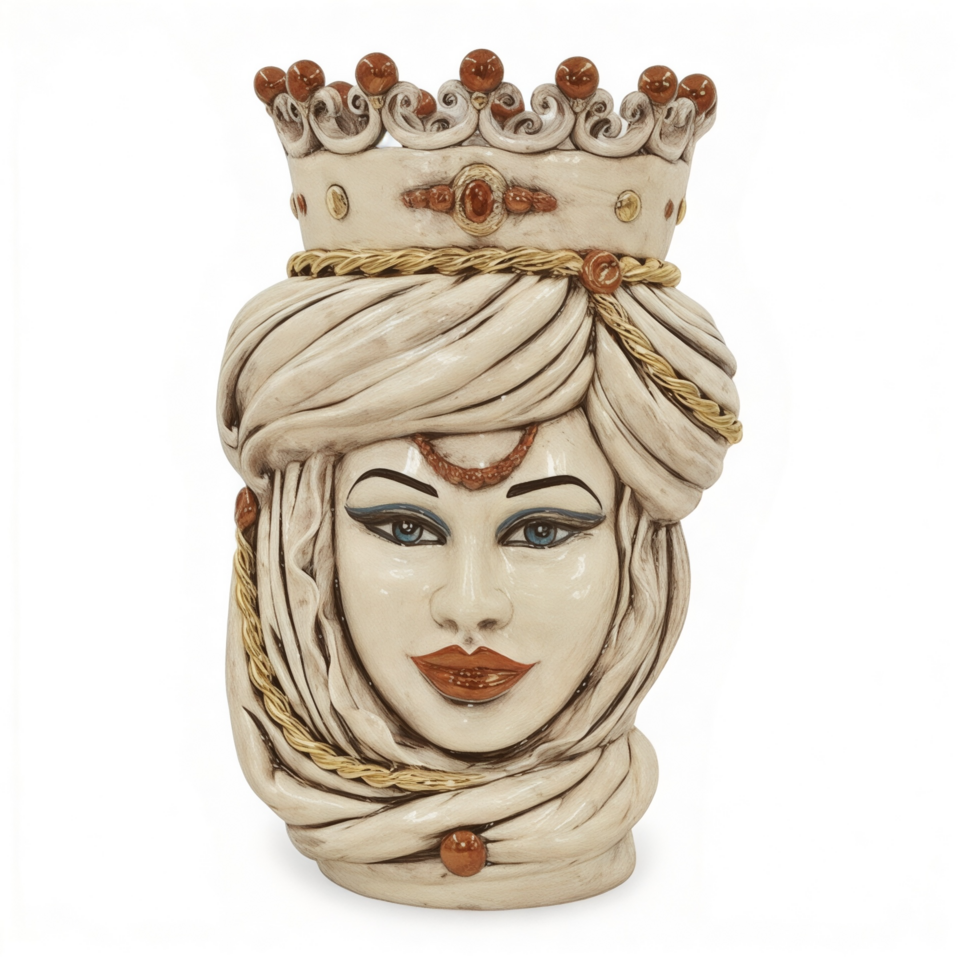Testa di moro donna in ceramica siciliana con corona dettagli in oro e lustri madreperla fumé Produzione artigianale di Caltagirone h.48cm