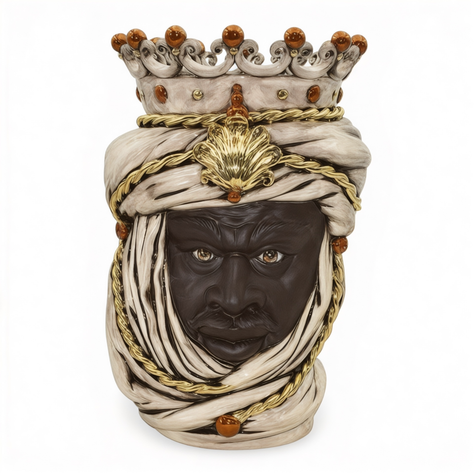 Testa di moro uomo viso nero opaco in ceramica con corona dettagli in oro e lustri decoro madreperla Produzione artigianale di Caltagirone h.48cm