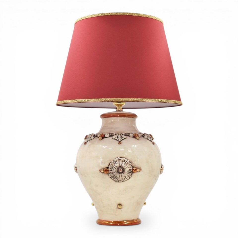 Lume palla in ceramica siciliana antichizzato con oro e lustri decoro madreperla Produzione artigianale di Caltagirone h.65cm