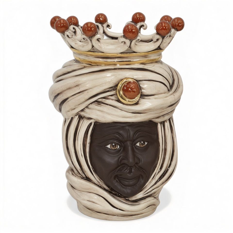 Testa di moro modello Tuareg uomo viso nero opaco con corona dettagli in oro e lustri madreperla Produzione artigianale di Caltagirone h.20cm