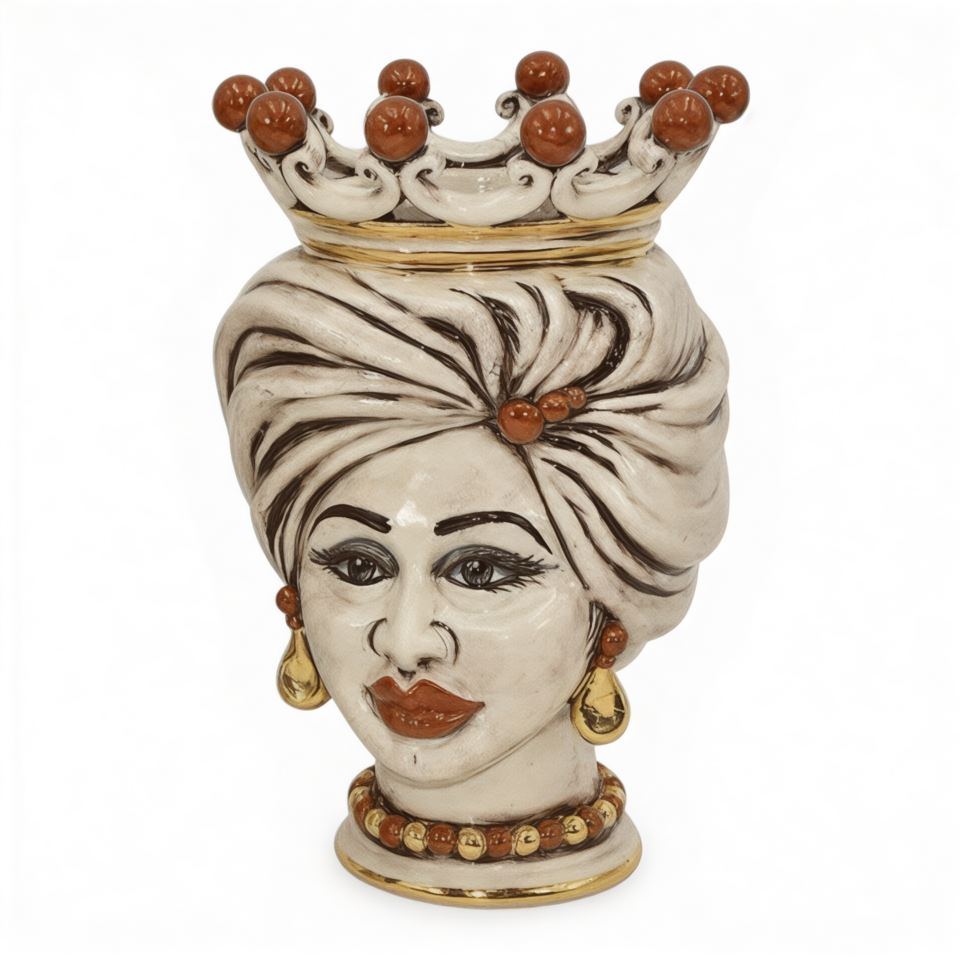 Testa di moro modello Tuareg donna con corona dettagli in oro e lustri madreperla antichizzato Produzione artigianale di Caltagirone h.20cm