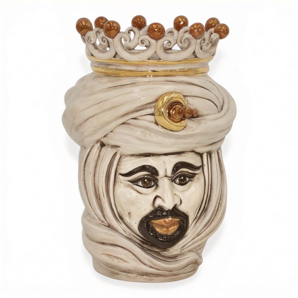 Testa di moro modello Tuareg uomo con corona dettagli in oro e lustri madreperla Produzione artigianale di Caltagirone h.20cm