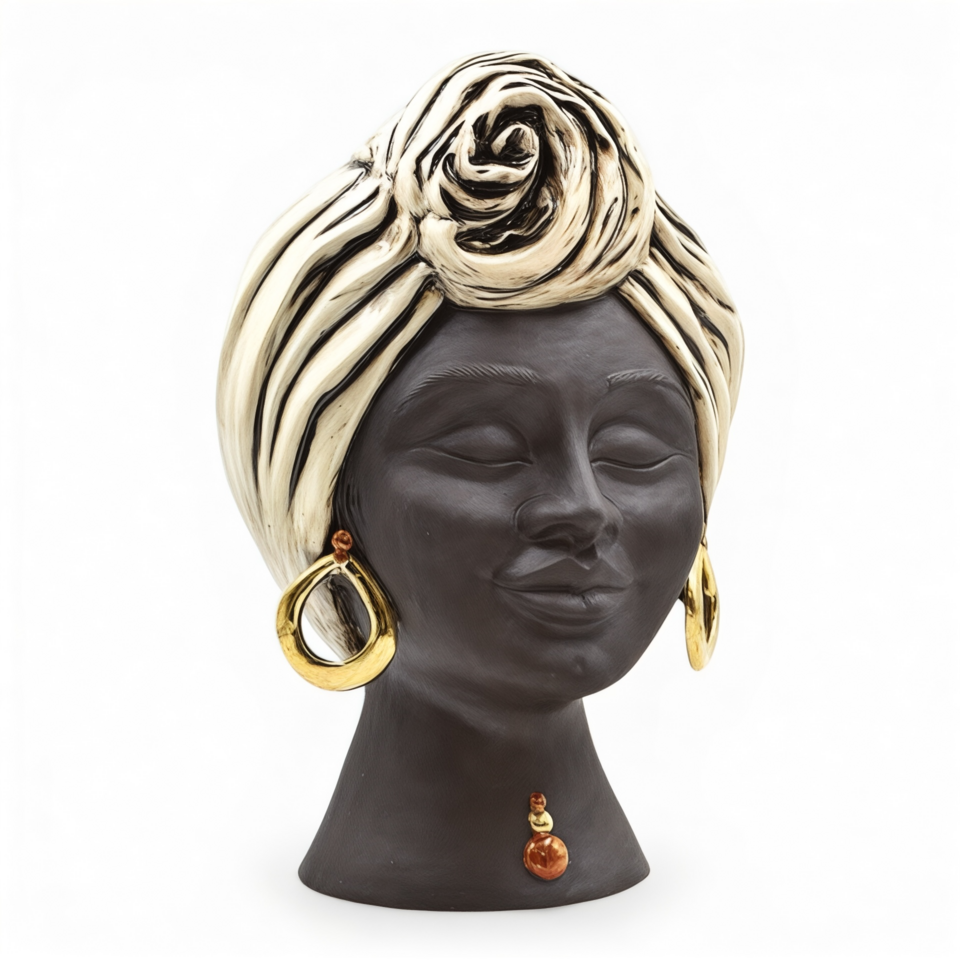 Testa di moro modello Sognia donna viso nero opaco dettagli in oro e lustri madreperla antichizzato Produzione artigianale di Caltagirone h.40cm