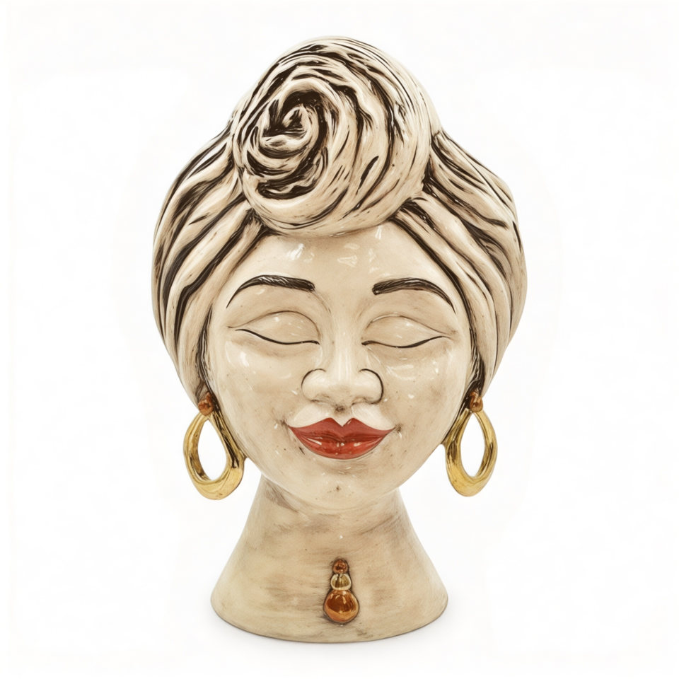 Testa di moro modello Sognia donna dettagli in oro e lustri madreperla antichizzato Produzione artigianale di Caltagirone h.40cm