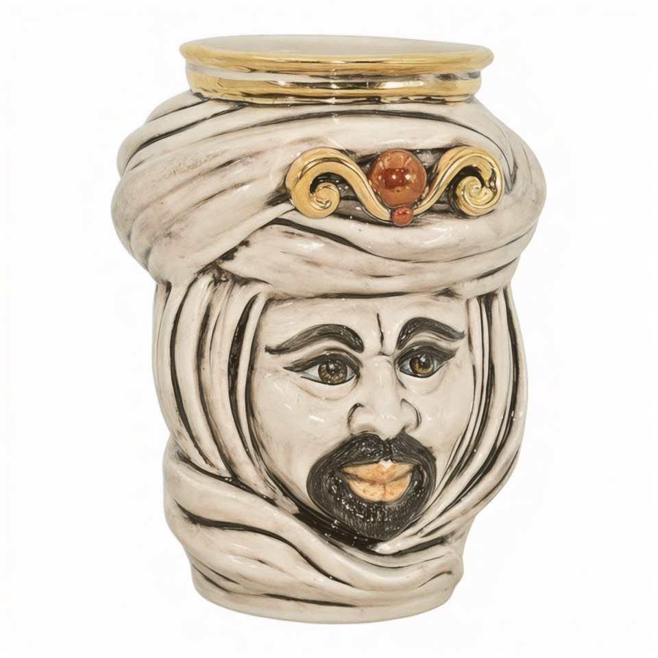 Testa di moro modello Tuareg uomo con corona liscia dettagli in oro e lustri madreperla antichizzato Produzione artigianale di Caltagirone h.20cm