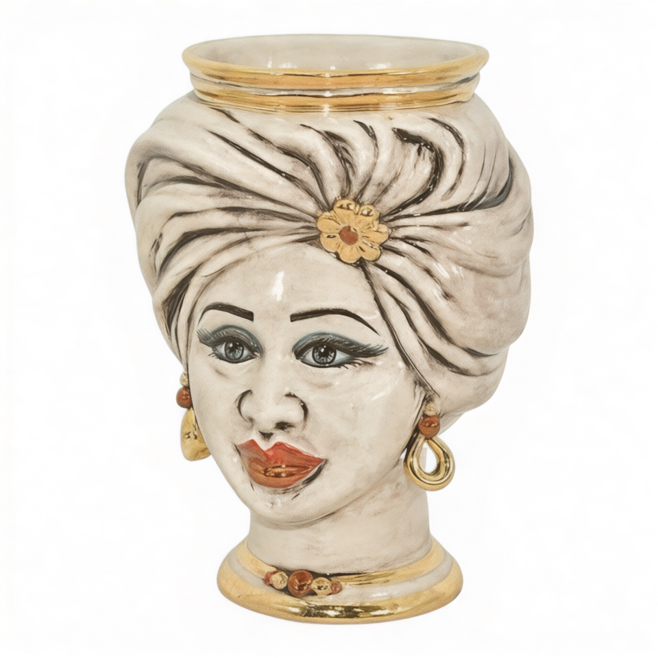 Testa di moro modello Tuareg donna con corona liscia dettagli oro e lustri madreperla antichizzato Produzione artigianale di Caltagirone h.20cm