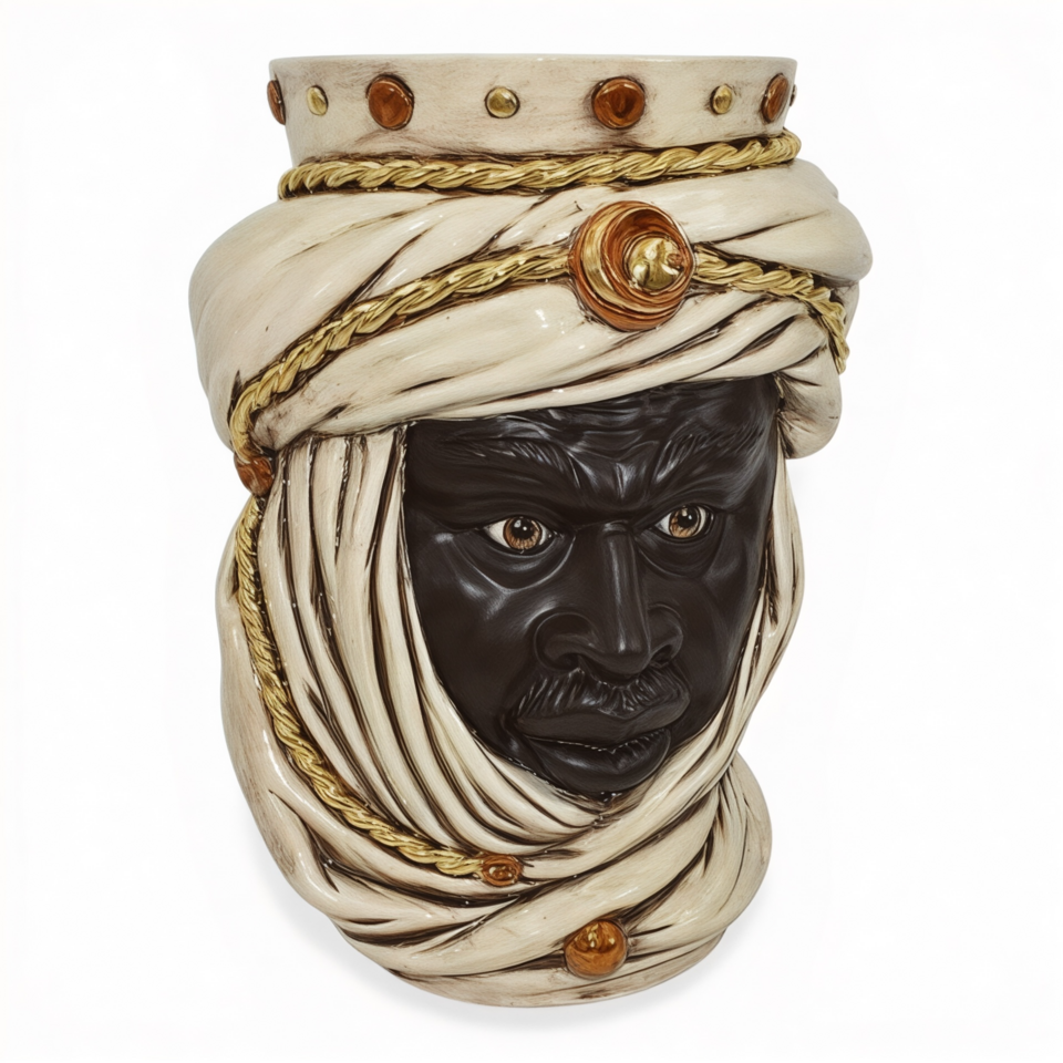 Testa di moro modello Tuareg uomo viso nero opaco corona dettagli in oro e lustri madreperla fumé Produzione artigianale di Caltagirone h.40cm