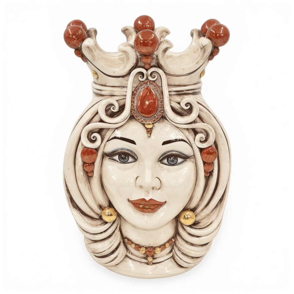 Testa di moro donna in ceramica siciliana turbante e corona dettagli in oro e lustri madreperla fumé Produzione artigianale di Caltagirone h.38cm