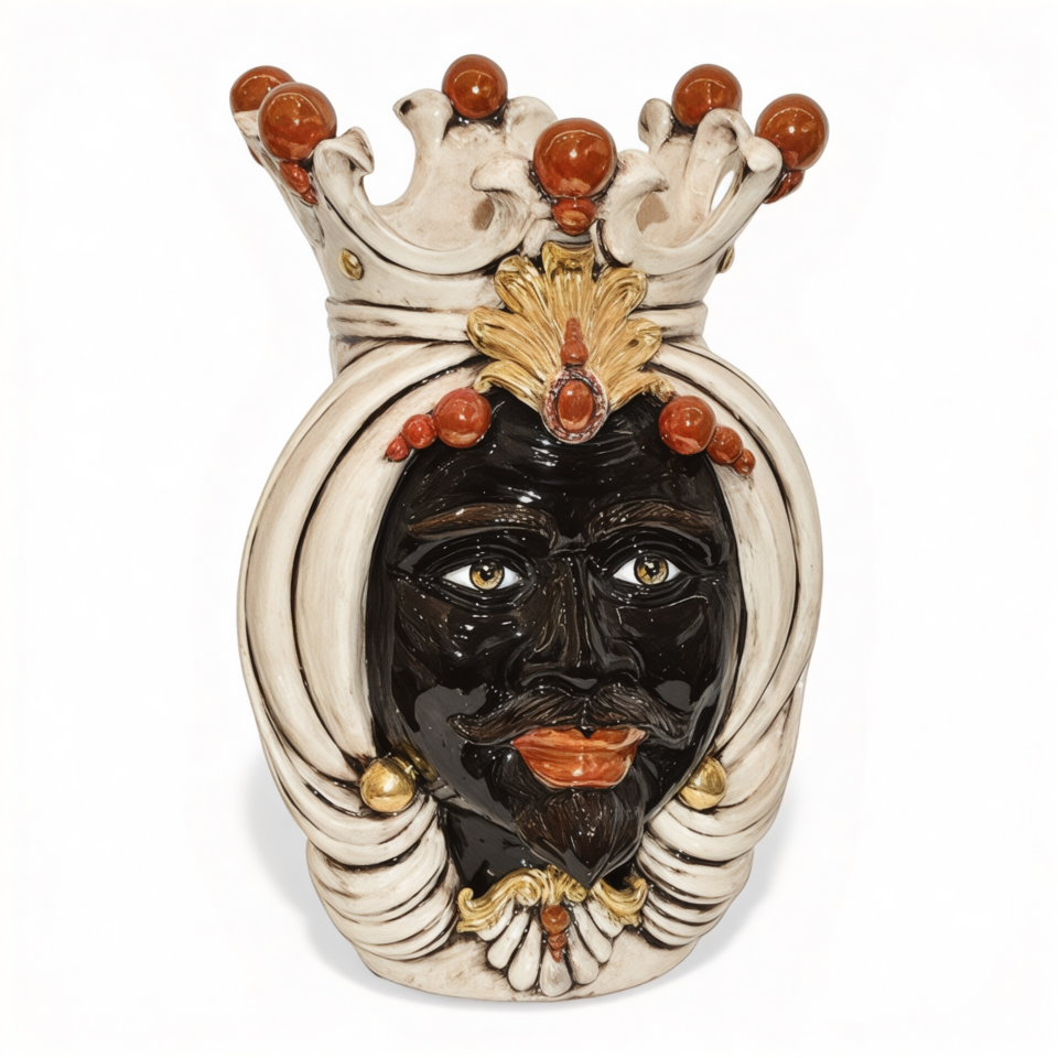 Testa di moro uomo viso nero lucido corona e turbante con oro e lustri madreperla antichizzato Produzione artigianale di Caltagirone h.38cm