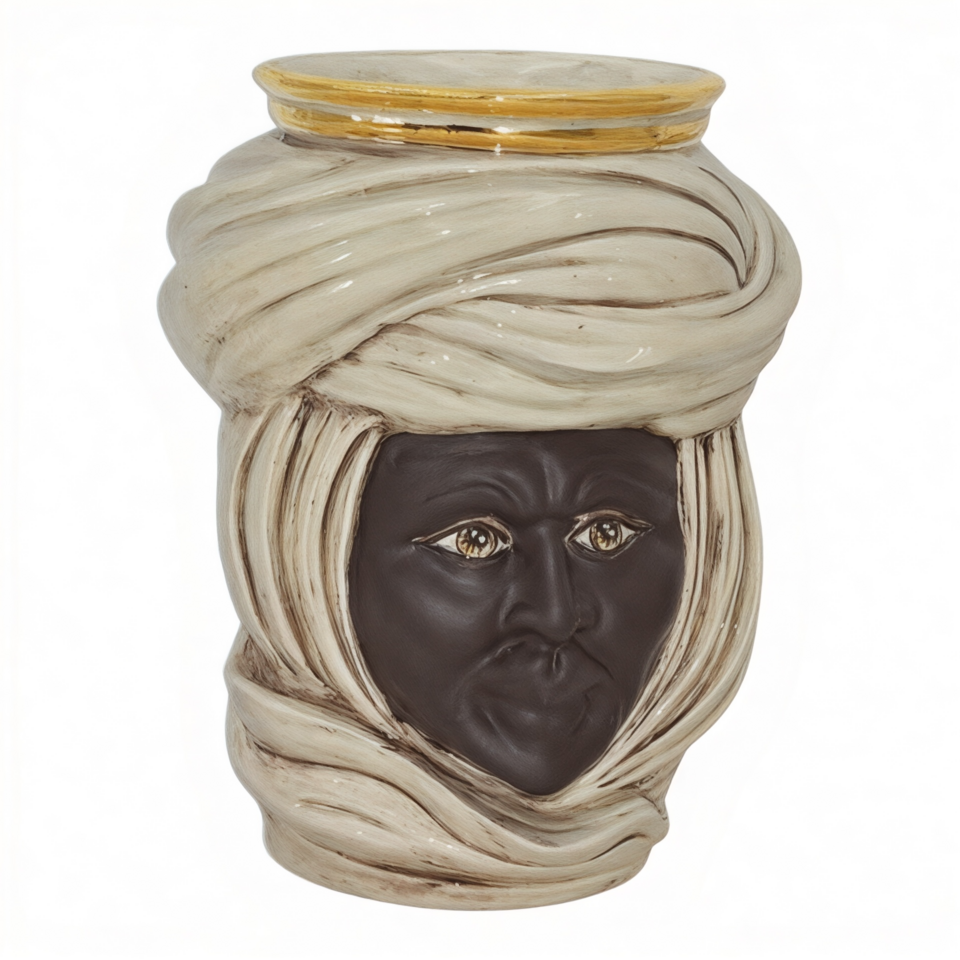 Testa di moro modello Tuareg uomo viso nero opaco corona liscia dettagli in oro e lustri madreperla Produzione artigianale di Caltagirone h.20cm