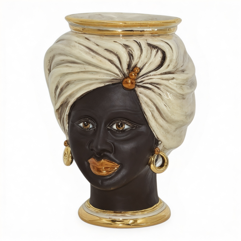 Testa di moro modello Tuareg donna viso nero opaco corona liscia dettagli in oro e lustri madreperla Produzione artigianale di Caltagirone h.20cm