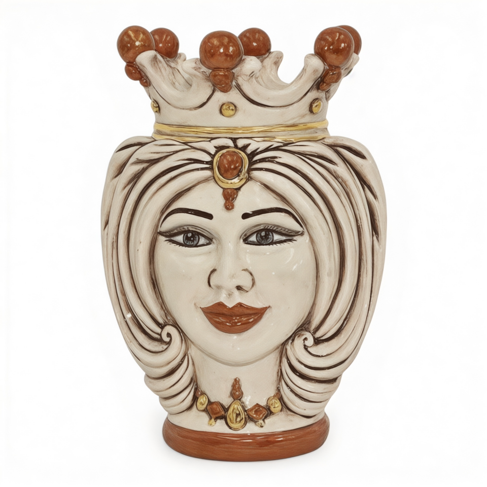 Testa di moro donna in ceramica siciliana turbante e corona dettagli in oro e lustri madreperla fumé Produzione artigianale di Caltagirone h.25cm