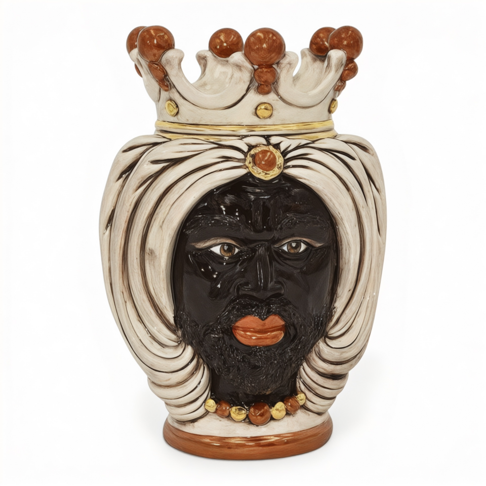 Testa di moro uomo viso nero lucido corona e turbante con oro e lustri madreperla antichizzato Produzione artigianale di Caltagirone h.25cm