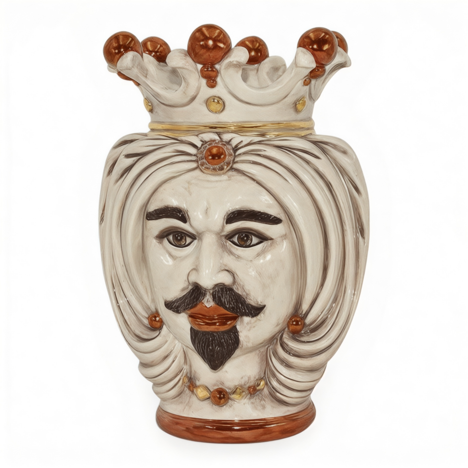 Testa di moro uomo con corona decoro fumé madreperlato dettagli oro e lustri Produzione artigianale di Caltagirone h.25cm