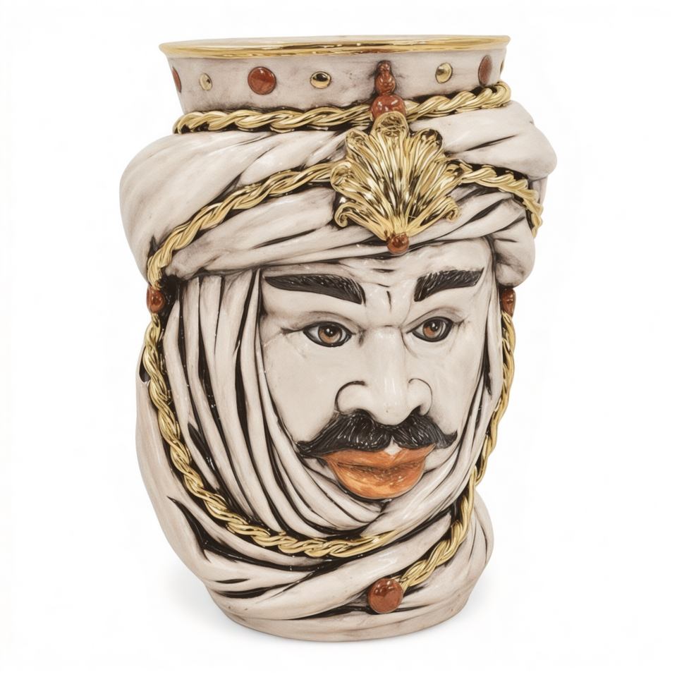 Testa di moro modello Tuareg uomo corona liscia dettagli in oro e lustri madreperla antichizzato Produzione artigianale di Caltagirone h.40cm