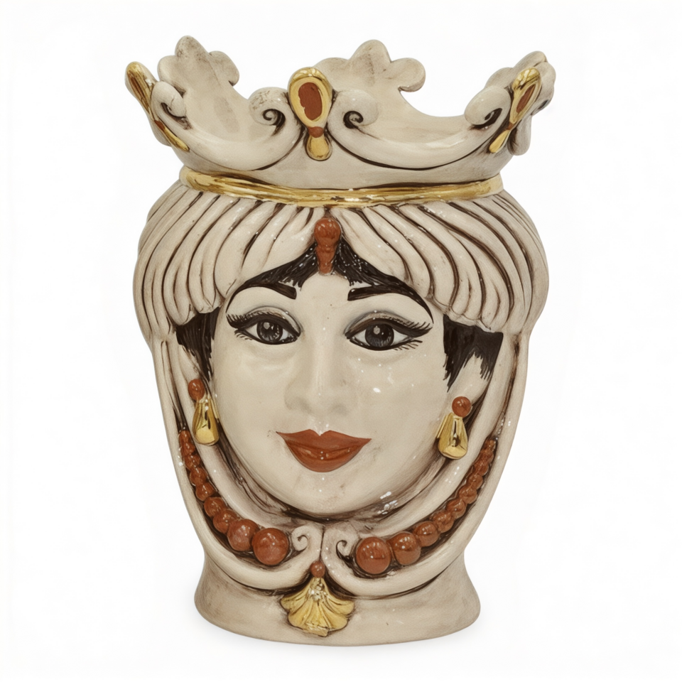 Testa di moro donna con perline e corona in ceramica siciliana dettagli oro e lustrini madreperla Produzione artigianale di Caltagirone h.25cm