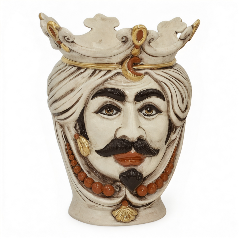 Testa di moro uomo con perline e corona in ceramica siciliana dettagli oro e lustrini madreperla Produzione artigianale di Caltagirone h.25cm