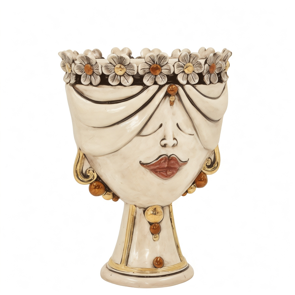 Testa di moro modello Zahira donna con fiori dettagli oro e lustri madreperla antichizzato Produzione artigianale di Caltagirone h.30cm