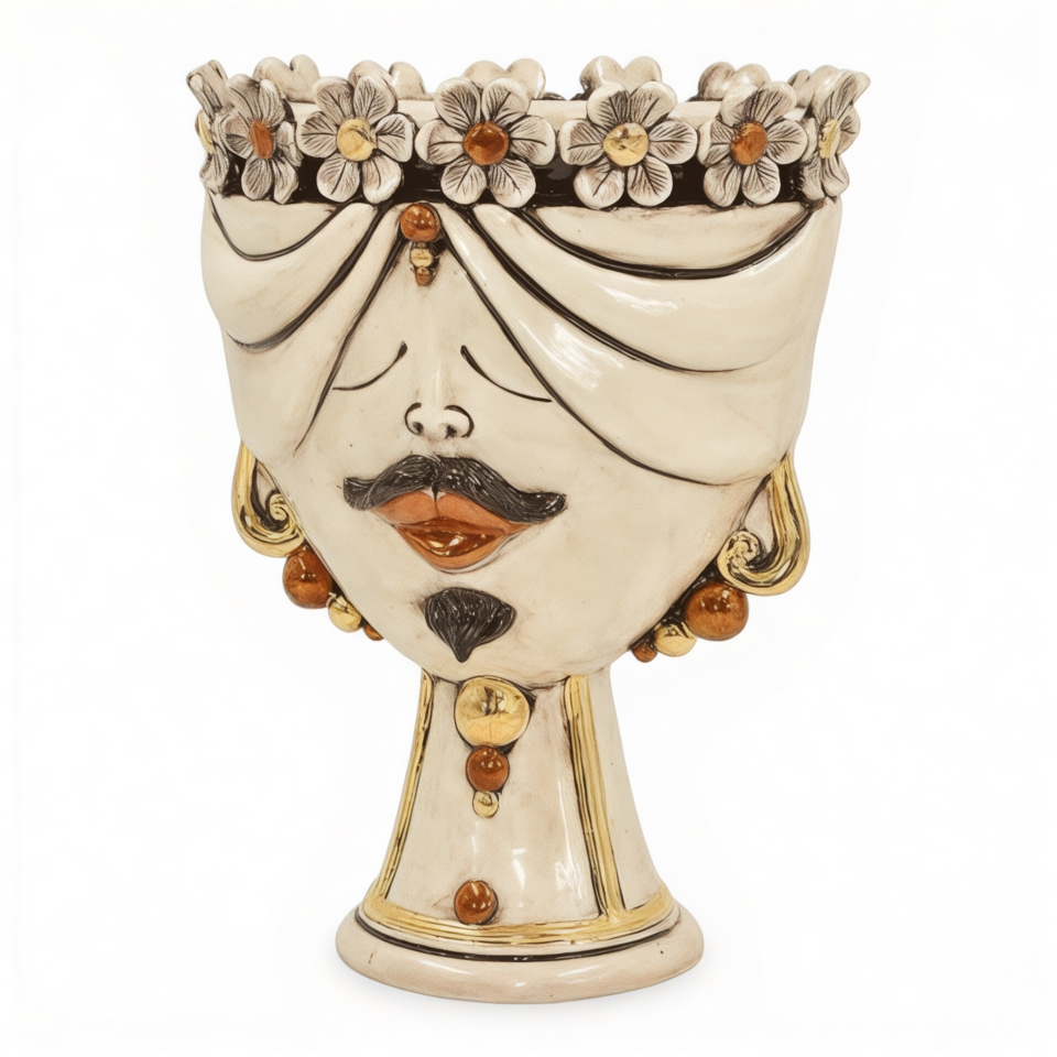 Testa di moro modello Zahira uomo con fiori dettagli oro e lustri madreperla antichizzato Produzione artigianale di Caltagirone h.30cm