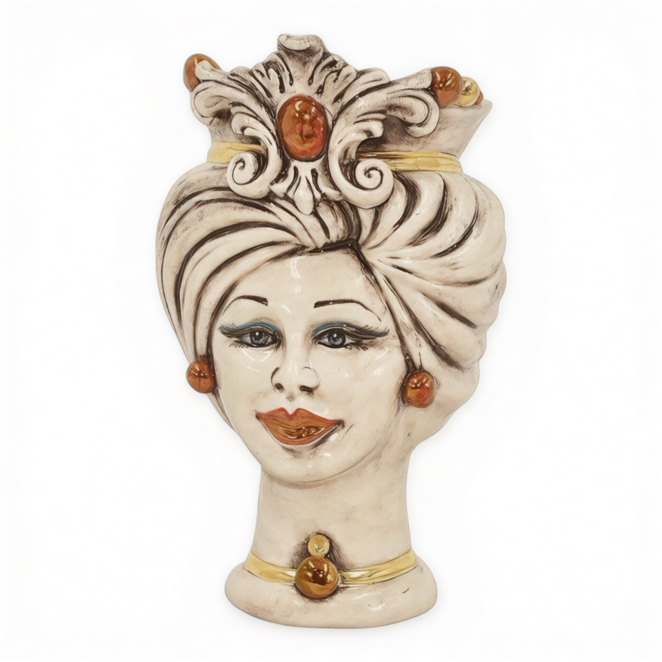 Testa di moro modello Tuareg donna con corona dettagli in oro e lustri madreperla antichizzato Produzione artigianale di Caltagirone h.16cm