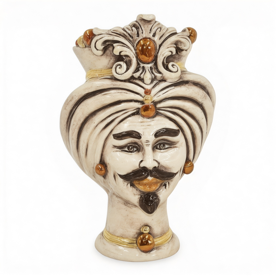 Testa di moro modello Tuareg uomo con corona dettagli in oro e lustri madreperla antichizzato Produzione artigianale di Caltagirone h.16cm