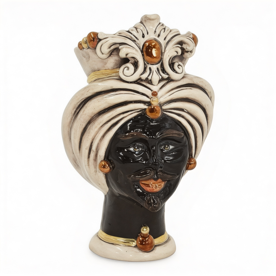 Testa di moro modello Tuareg uomo viso nero lucido corona dettagli in oro e lustri madreperla Produzione artigianale di Caltagirone h.16cm