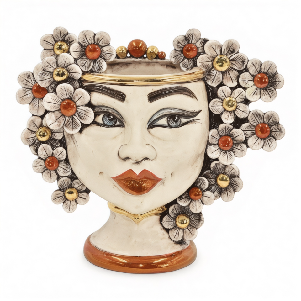 Testa di moro donna con fiori ed espressione dettagli in oro e lustri in madre perla antichizzato Produzione artigianale di Caltagirone h.20cm
