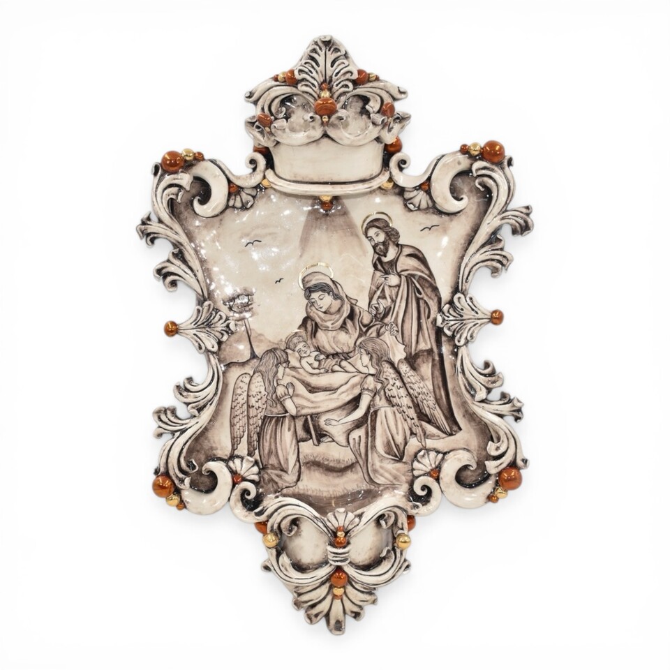 Acquasantiera Natività con Angeli grande rettangolare dettagli oro e lustri madreperla antichizzato Produzione artigianale di Caltagirone 35x45cm