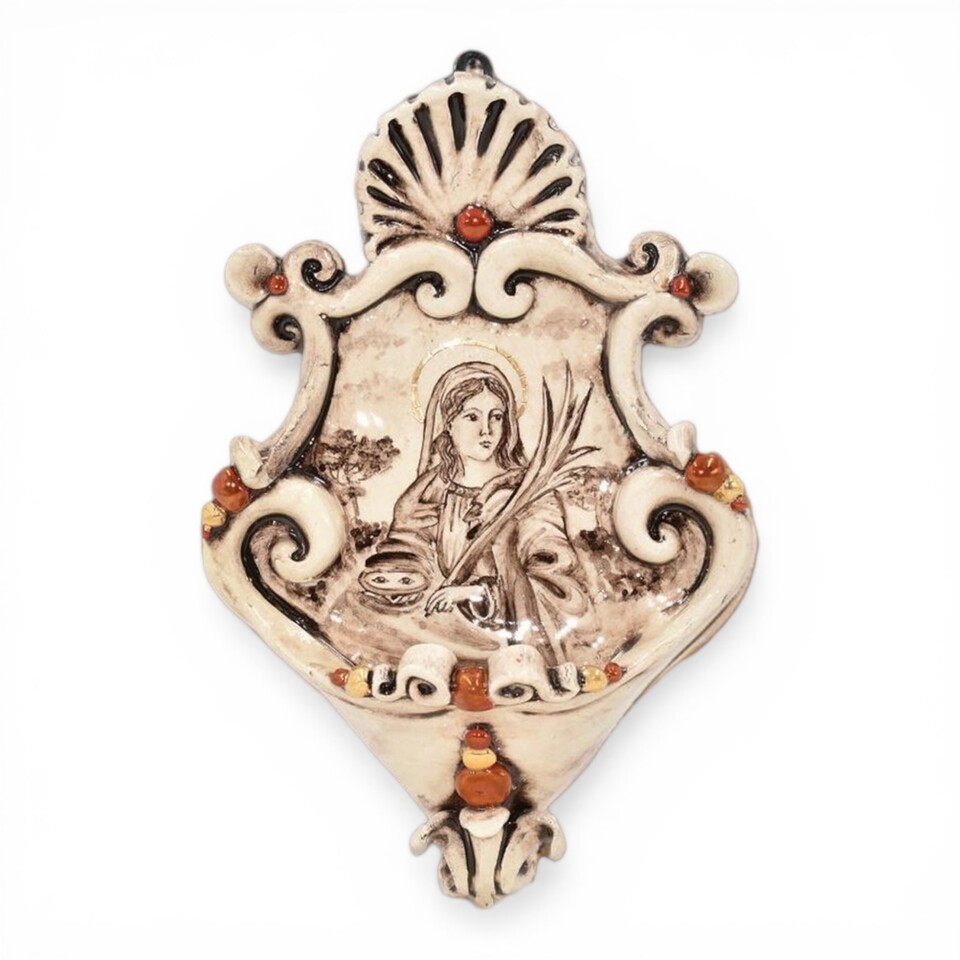 Acquasantiera Santa Lucia piccola dettagli in oro e madreperla antichizzato Produzione artigianale di Caltagirone 15x25cm