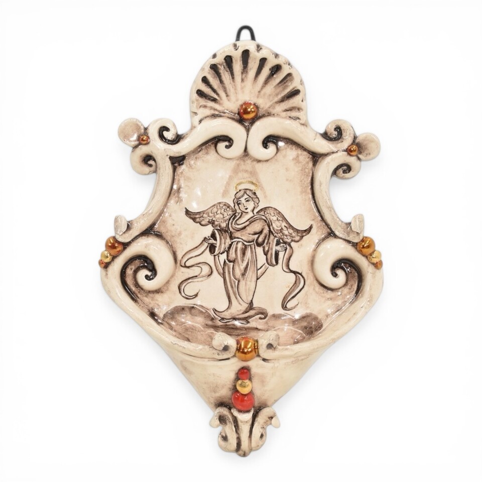 Acquasantiera con Angelo piccola dettagli in oro e madreperla antichizzato Produzione artigianale di Caltagirone 15x25cm