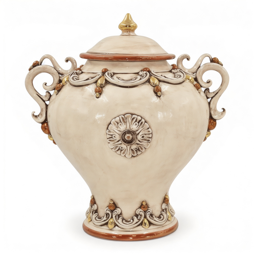 Vaso Potiche a palla con manici dettagli in oro e lustri madreperla antichizzato Produzione artigianale  di Caltagirone h.38cm