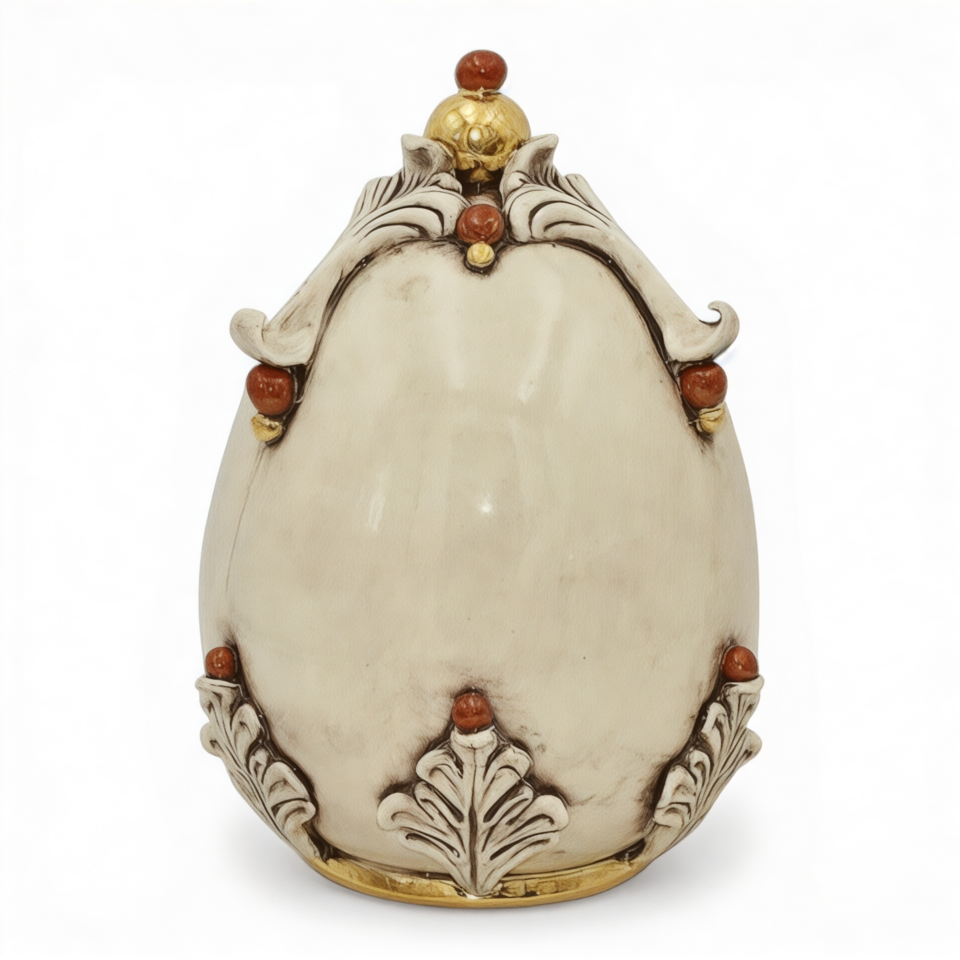 Uovo in ceramica siciliana con dettagli in oro e lustri madreperla antichizzato Produzione artigianale di Caltagirone h.22cm